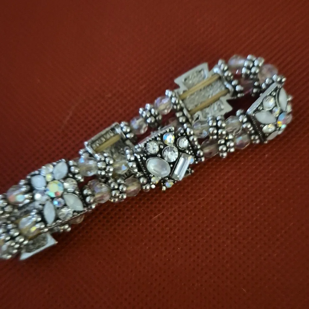 Silver Multi Rhinestone Crystal AB Beaded Stretch Expansion Statement Bracelet